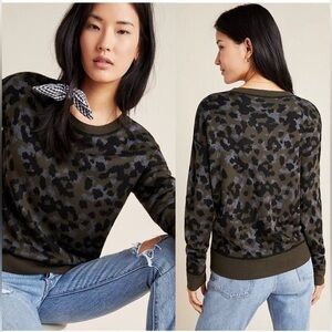 Anthropologie Ethan Crew Neck Leopard Print Sweater Green Gray Black